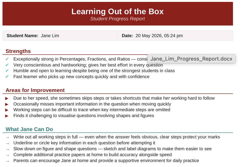 Student progress report generated by Claude