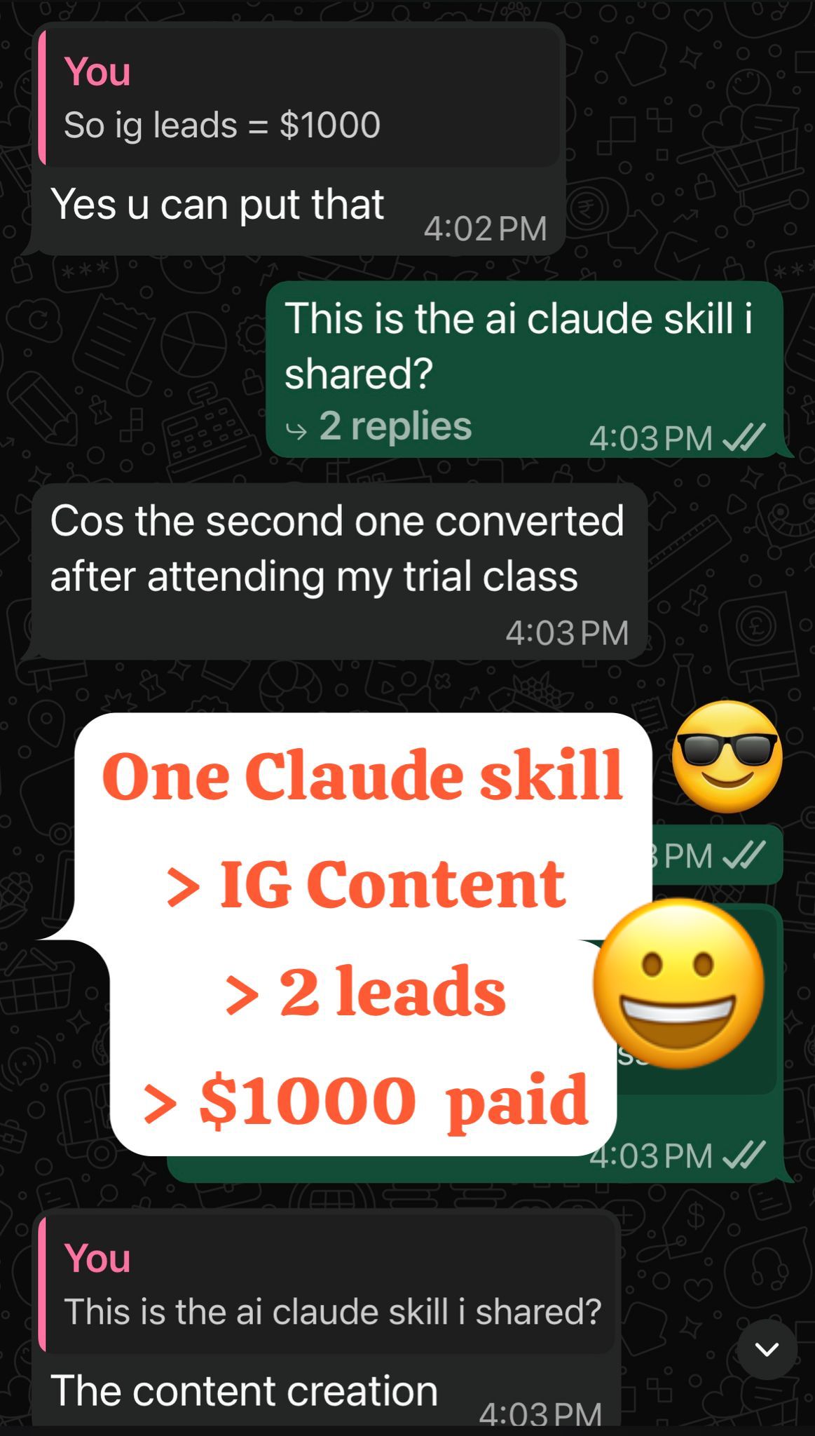 Tutor got 2 sign-ups and $1000 from one Claude content skill